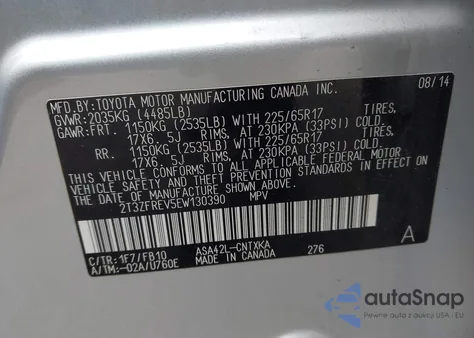 2014 Toyota Rav4 Le z USA, uszkodzony, nr VIN 2T3ZFREV5EW130390